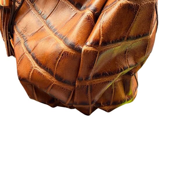 G.I.L.I. Genuine Leather Croc Embossed Satchel Tote Bag Cognac Brown - Picture 8 of 16